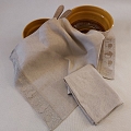 Linen towel light gray, lace in a pattern of gray teapots and cups