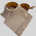 Linen kitchen towel with gray lace in a heart pattern
